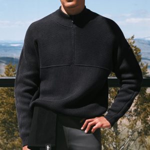 Domain Shift Rib Knit 1/4 Zip Sweater - Black