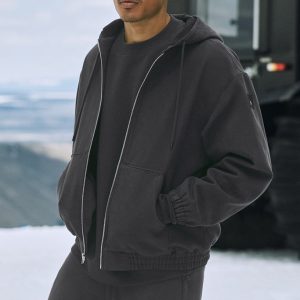 Cotton Canvas Full Zip Hoodie - Anthracite